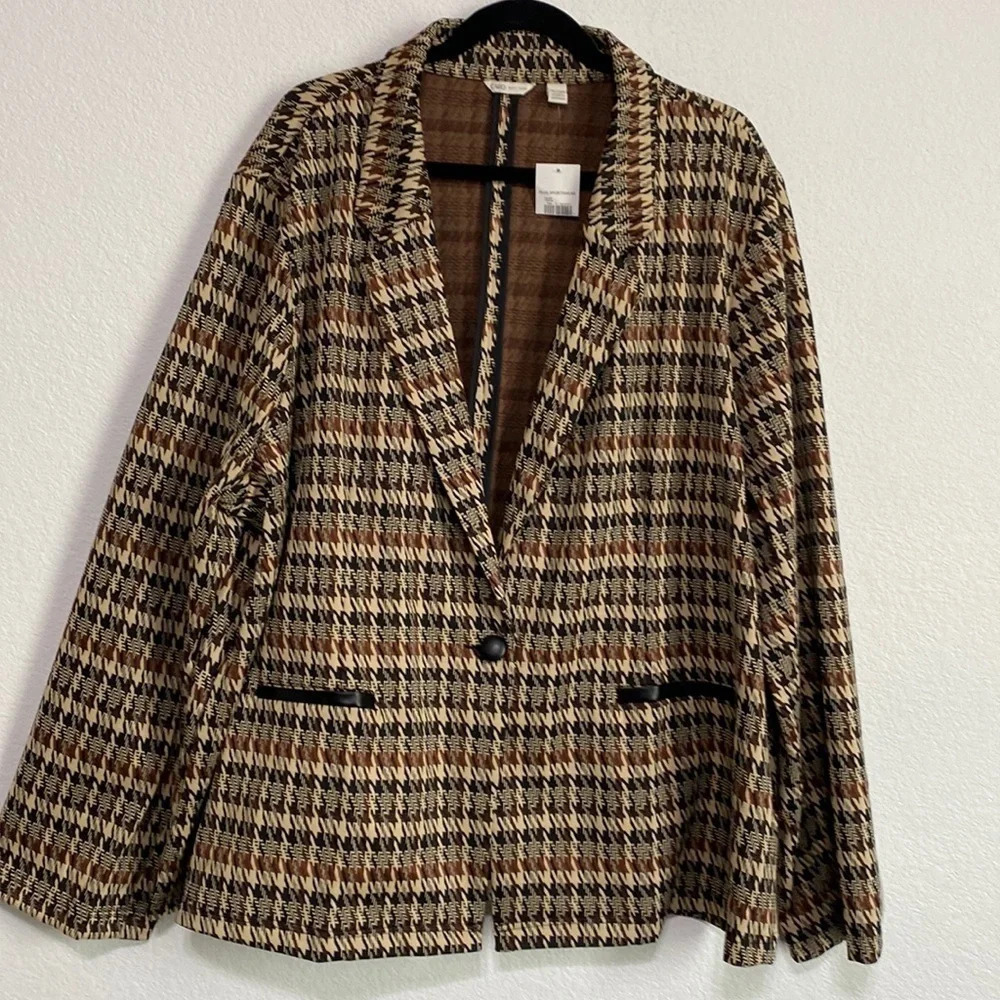 Cato NEW Brown & Tan Plaid/Houndstooth Print Plus Size Blazer Jacket Size 26/28